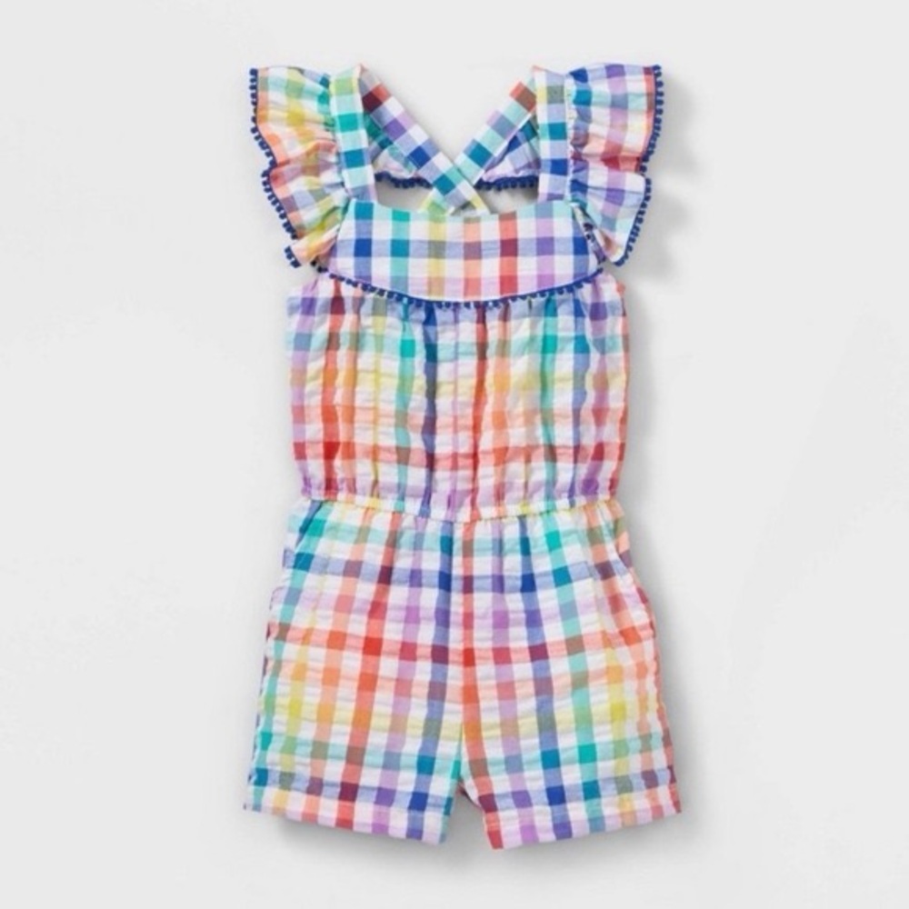 Cat & Jack Rainbow Gingham Plaid Sleeveless Ruffle Strap Jumper Size 18 Months